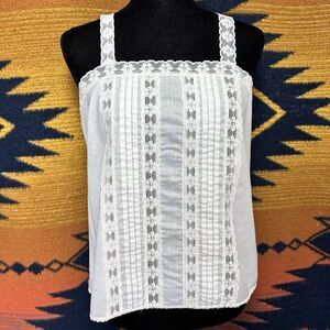 Vintage White Lace Camisole Top. Sheer. Cotton Blend. USA. Retro. Boho. Medium.